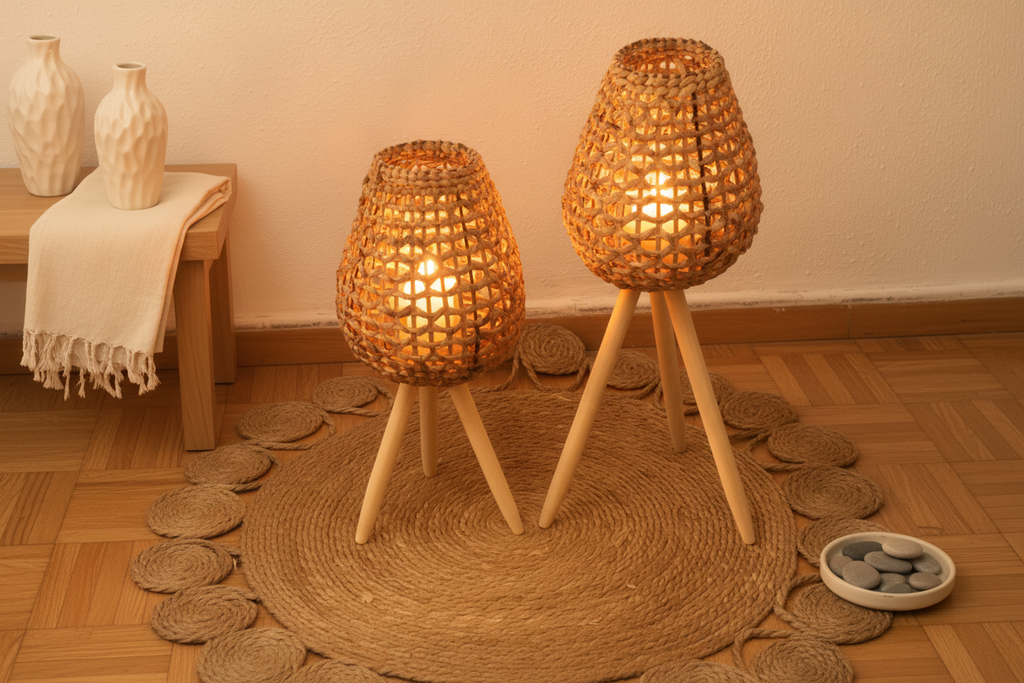 Rattan-/Glaskerzenhalter 26x26x52cm