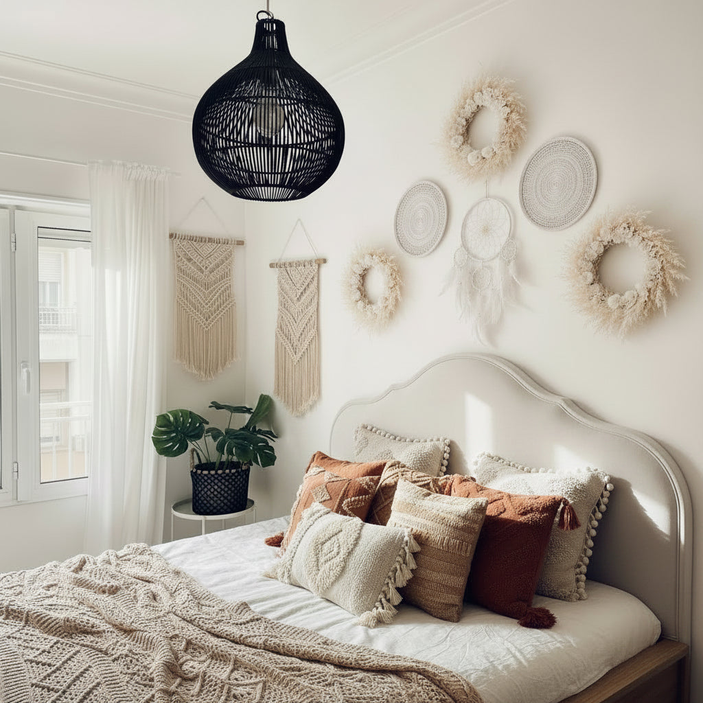 Pantalla de lámpara de ratán mandala - negro-Beige